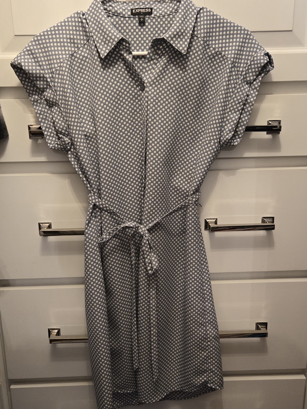 Express Light Gray & White Polka Dot Shirt Dress